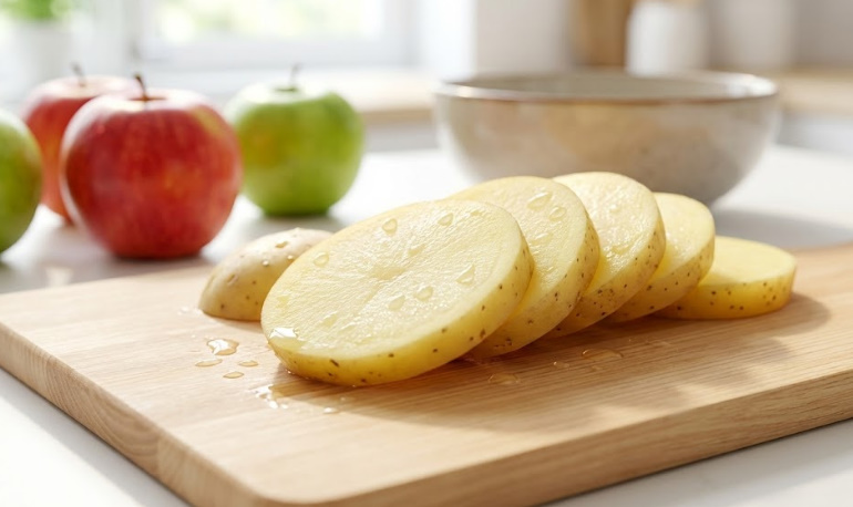 畑のりんごと呼ばれるじゃがいものビタミンCと美容効果をイメージした、新鮮なじゃがいとりんごの写真。 畑のりんごと呼ばれるじゃがいものビタミンCと美容効果をイメージした、新鮮なじゃがいとりんごの写真。