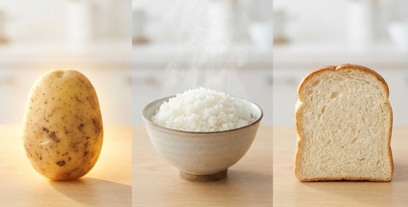 じゃがいも、白米、食パンの比較イメージ。じゃがいもが低カロリー・低糖質でヘルシーな炭水化物であることを示す じゃがいも、白米、食パンの比較イメージ。じゃがいもが低カロリー・低糖質でヘルシーな炭水化物であることを示す